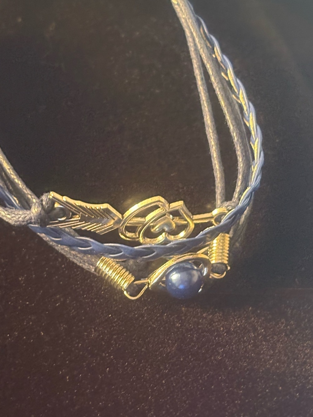 Silver tone Heart & Feather Layered Bracelet with Blue Cord